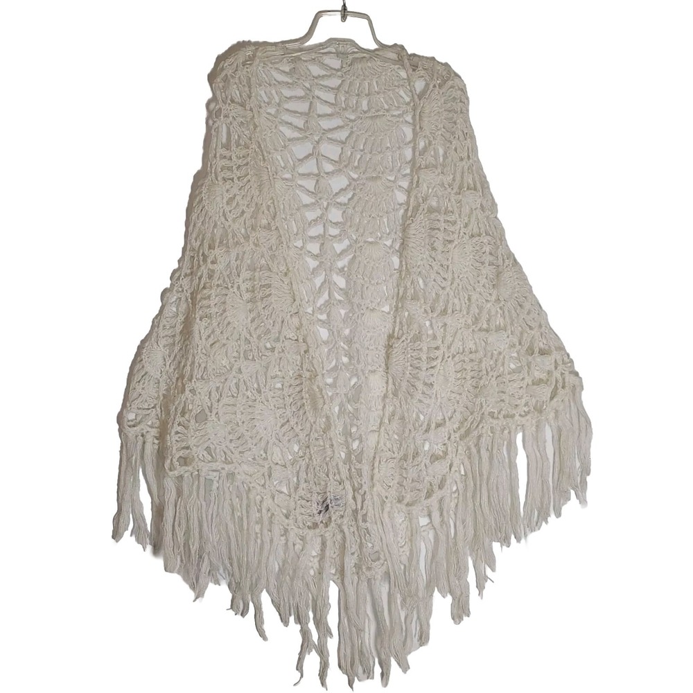 Vintage English Village Shaw Cream Womens One Size Crochet Lace Fringe Wrap Art